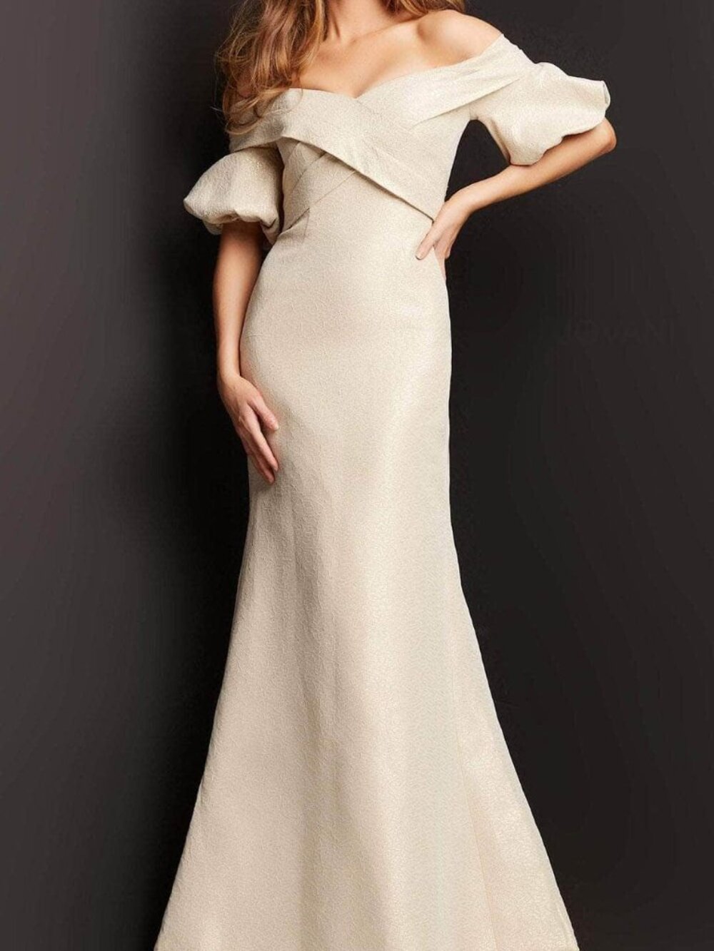 NWT Jovani 06831SC Puffed Sleeve Formal Gown Champagne Size 14